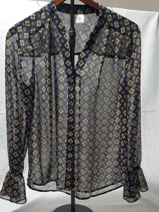 CAbi Tops - CAbi Navy Sheer Blouse with Yellow Floral Motif